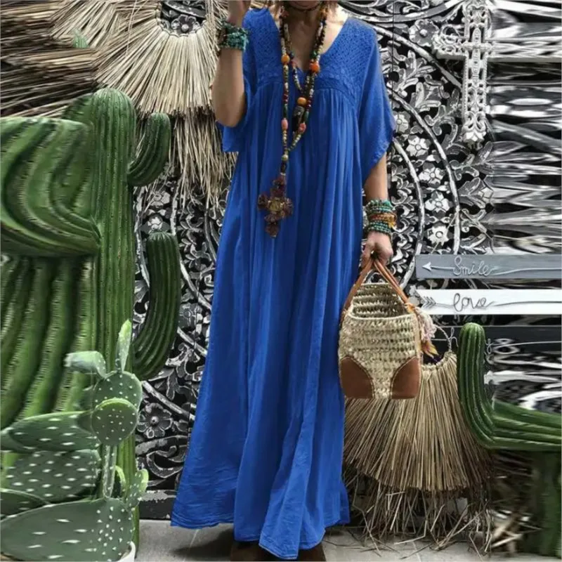 Летнее модное хлопковое длинное платье в стиле бохо для женщин - Фотография_2