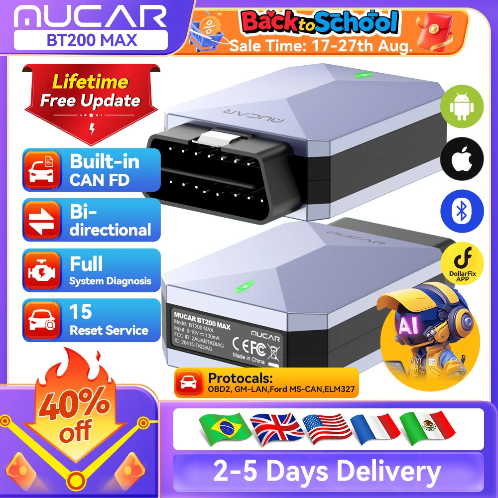 Mucar bt200 max obd2 сканер can fd