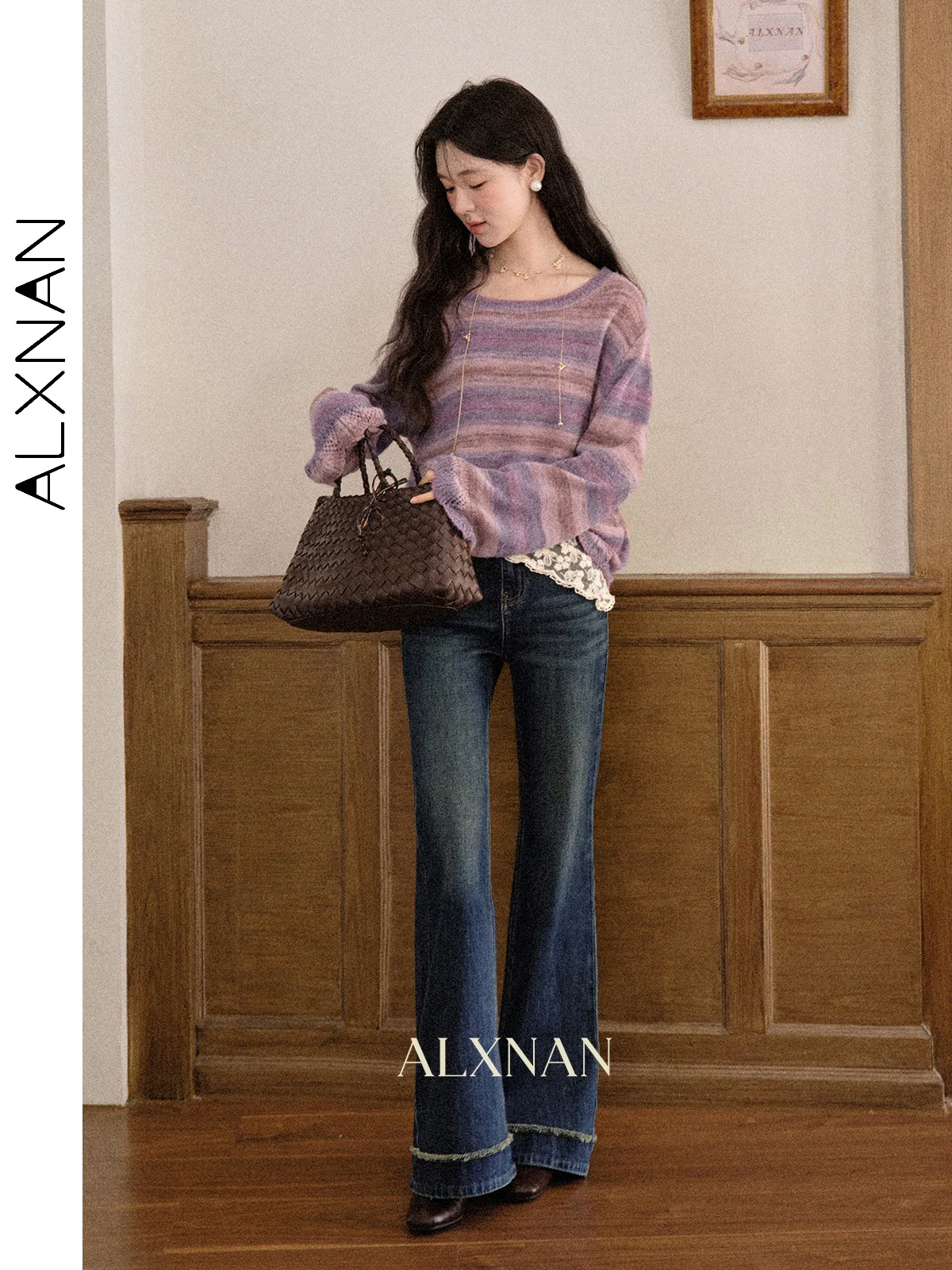 Alxnan женский свитер в фиолетовую полоску - Фотография_3
