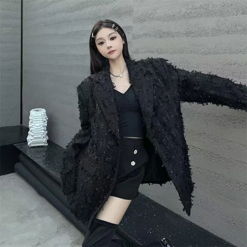 Уличный стиль тканый черный пиджак - Фотография_6