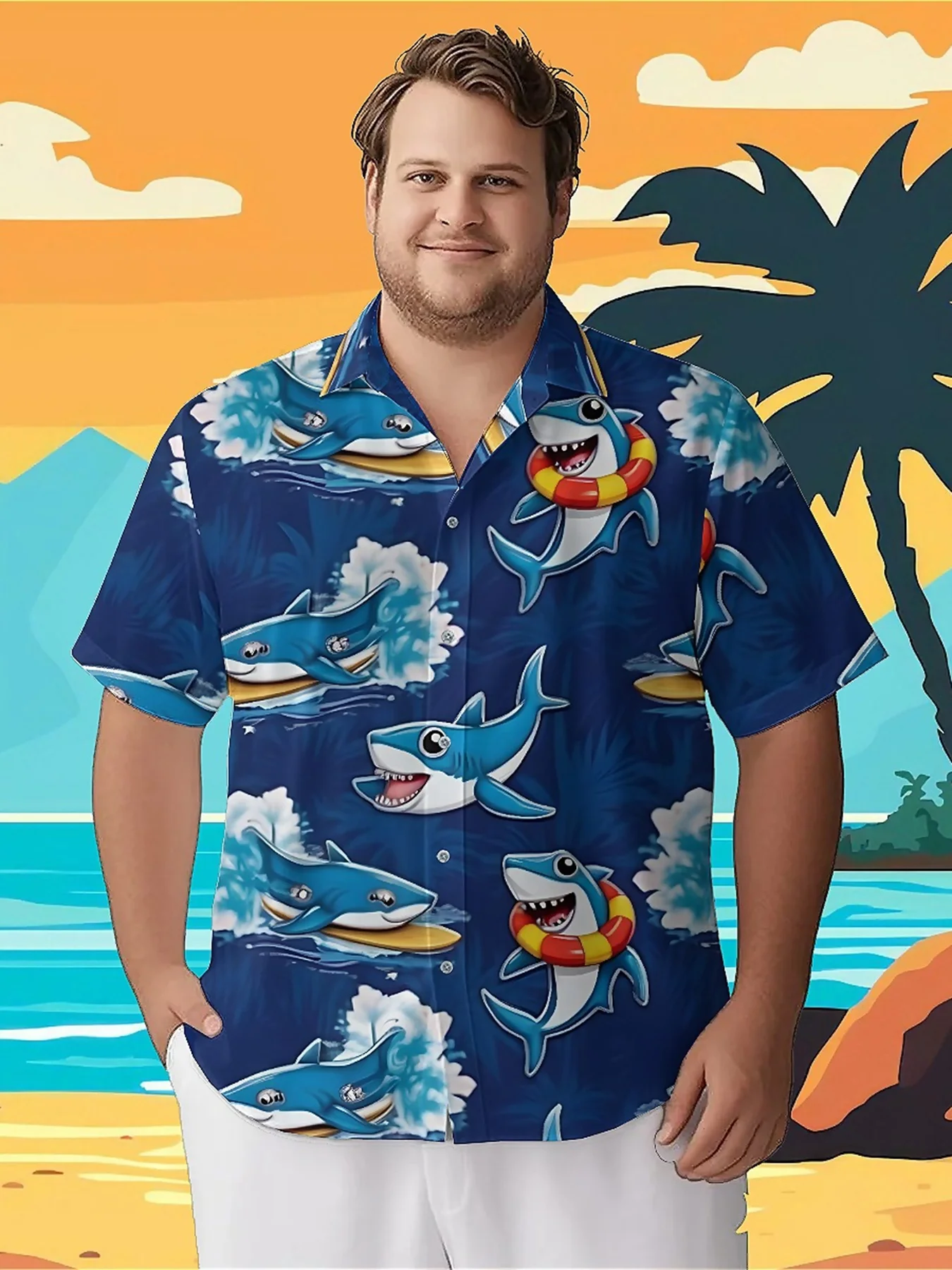 Мужские гавайские рубашки больших размеровshark surf adventure pattern