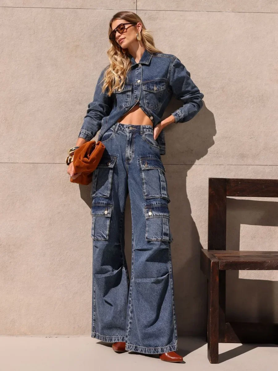 Новая женская темно-синяя джинсовая куртка в стиле ретро с лацканами - Фотография_5