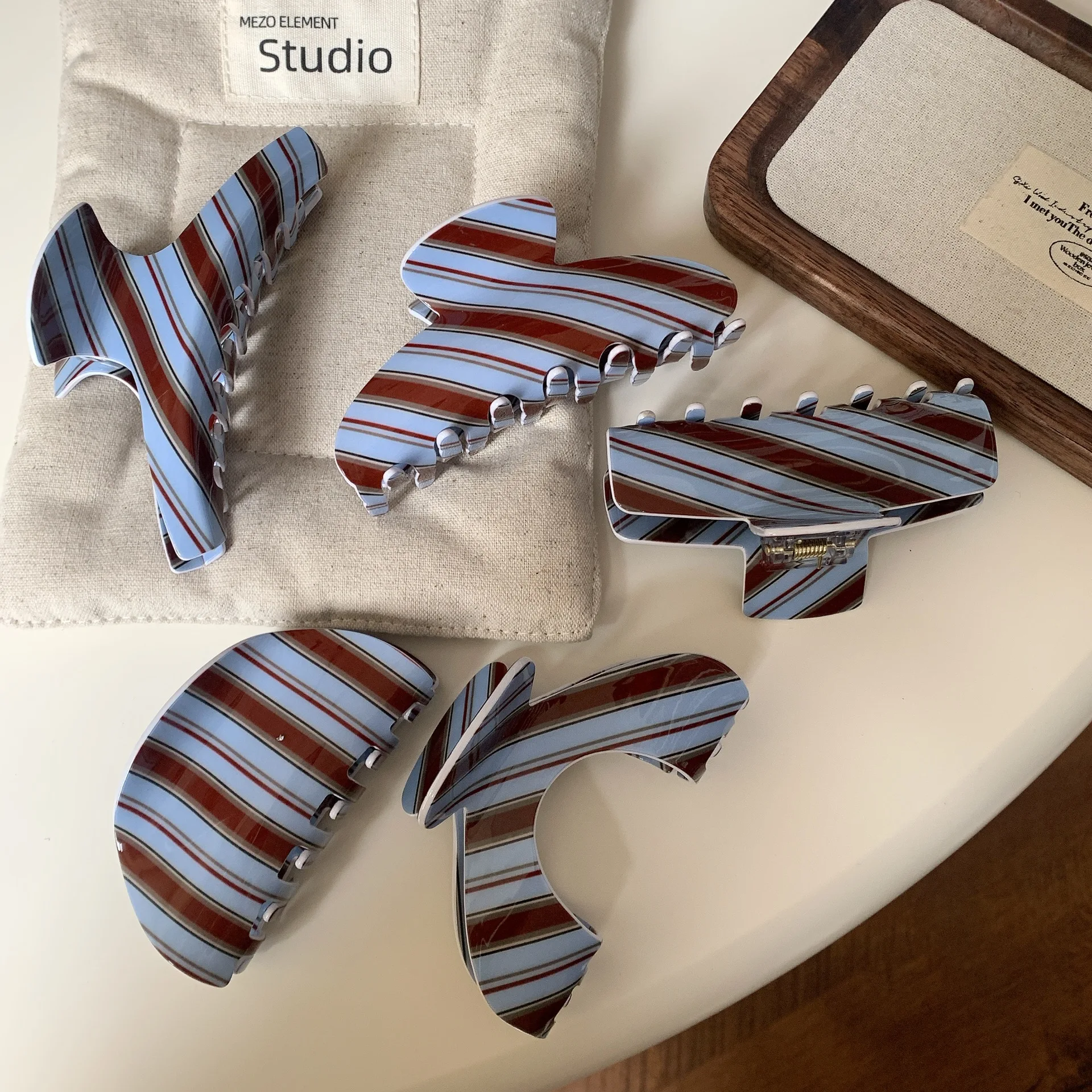 Новые ретро синие коричневые полосатые заколки для волос - Фотография_4