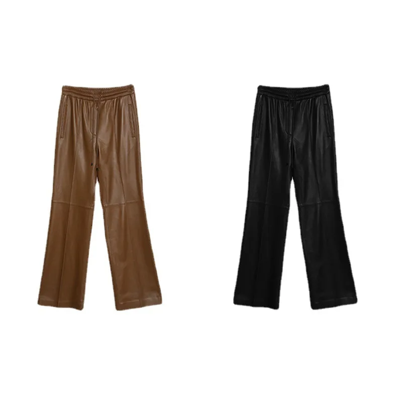 Женские брюки из натуральной кожи с эластичной резинкой на талии и шнурком - Фотография_6