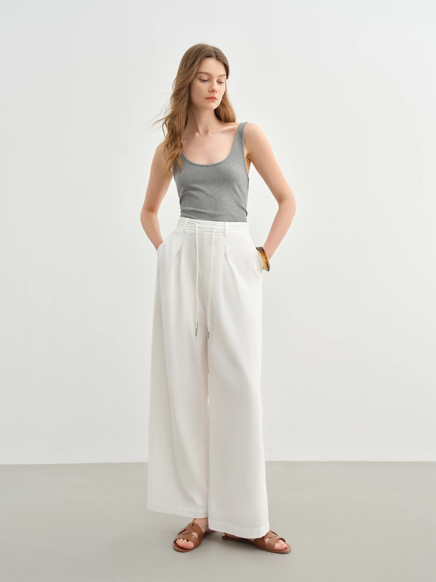 Dushu женские льняные широкие брюки на шнурке - Фотография_2