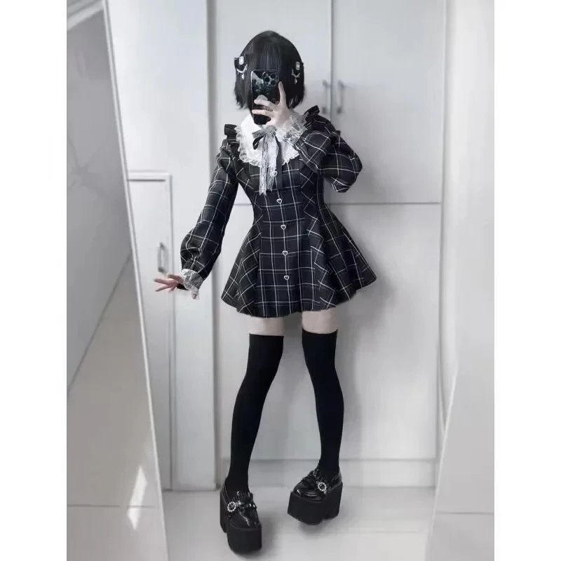 Черные клетчатые платья harajuku sweet bow - Фотография_5