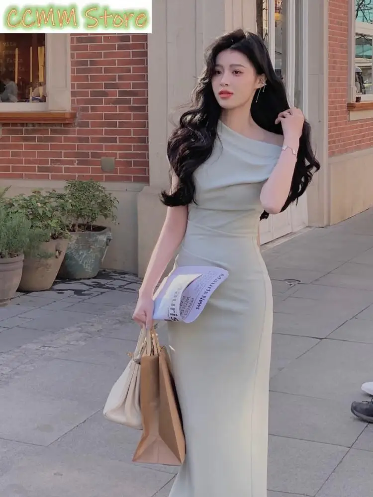 Новое французское элегантное однотонное платье миди для выпускного вечера - Фотография_6