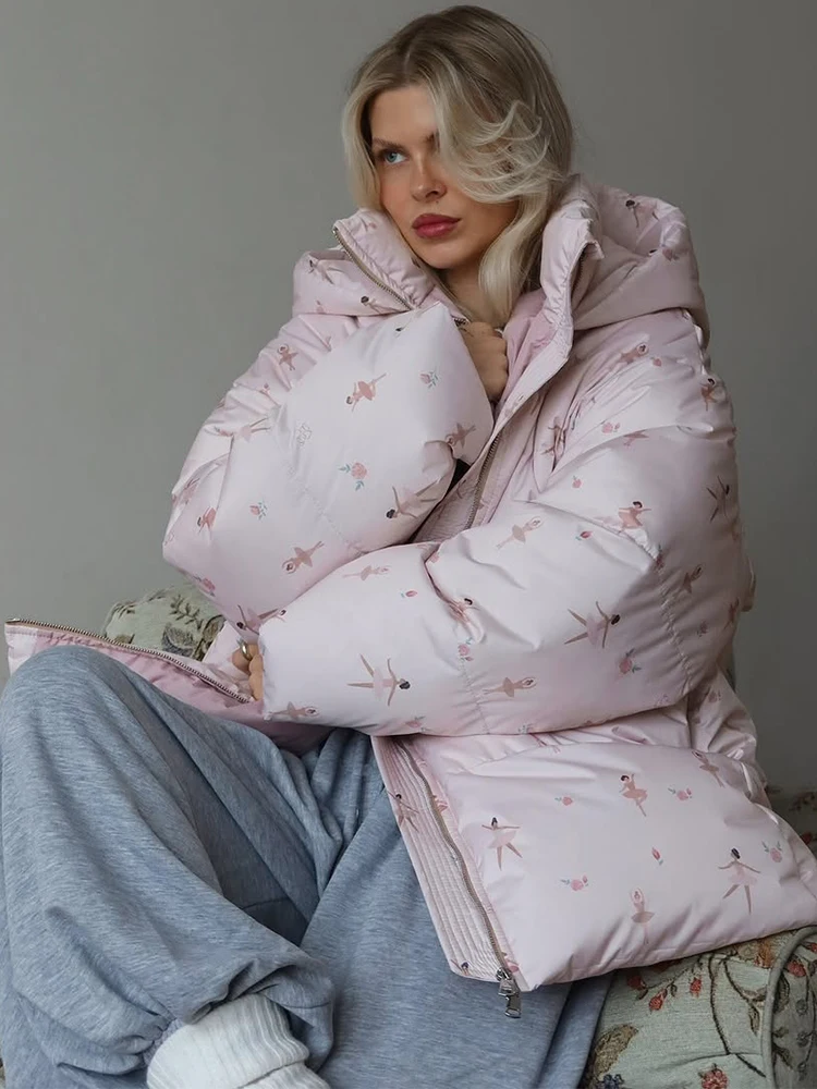 Шикарные розовые свободные теплые хлопковые пальто с принтом - Фотография_5