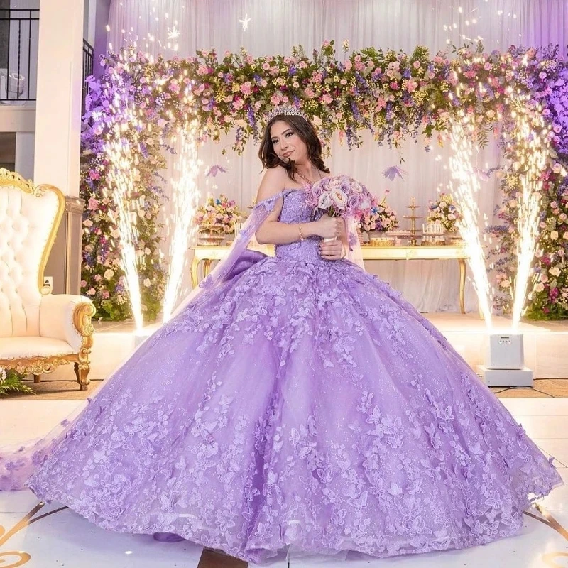 Лавандовое сладкое платье quinceanera 16 с накидкой 2024