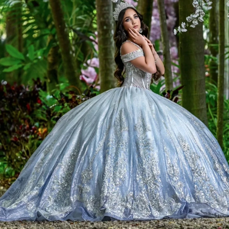 Синее блестящее платье quinceanera