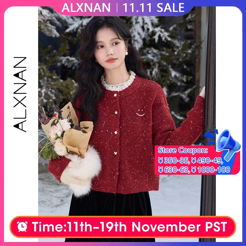 Alxnan красный кардиган с кружевным воротником