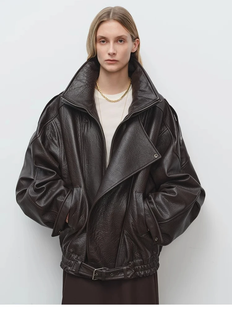 Женская мотоциклетная куртка оверсайз из натуральной кожи - Фотография_5