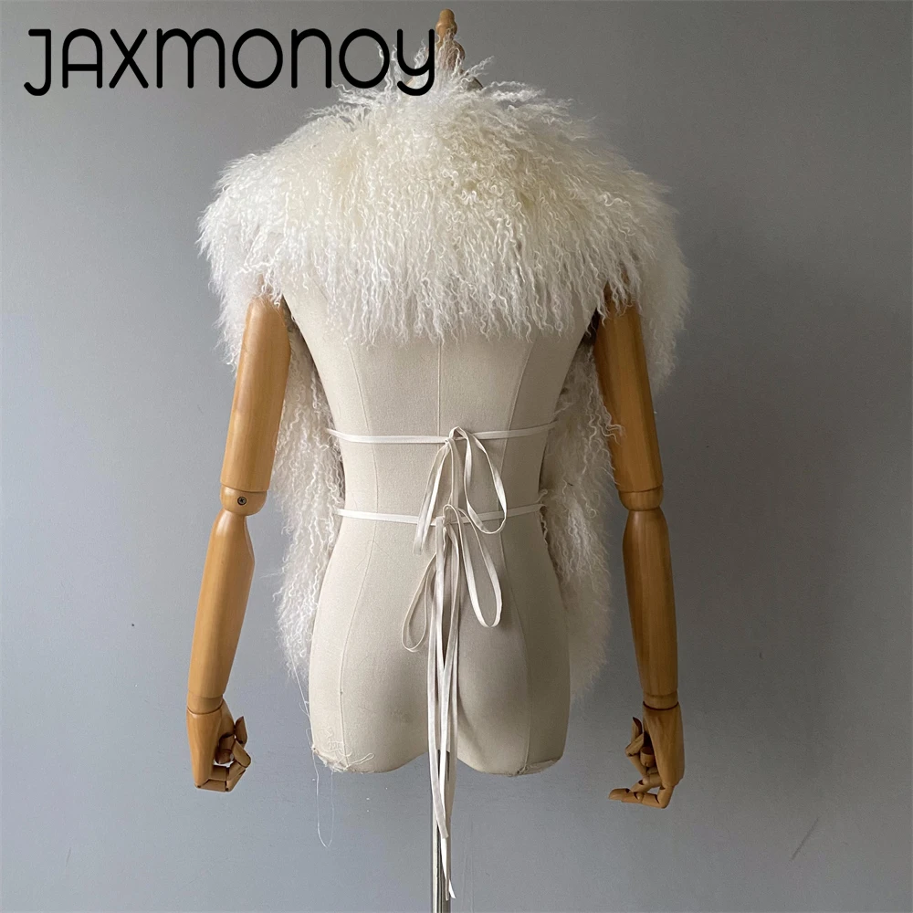 Jaxmonoy женский натуральный монгольский овечий мех с лямкой на шее - Фотография_4