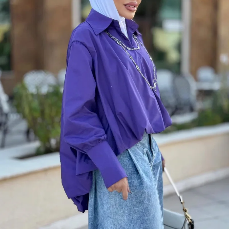 Женская однотонная рубашка с отложными рукавами-фонариками - Фотография_6