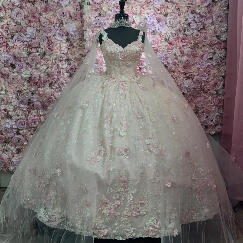 Светло-розовые блестящие платья quinceanera с накидкой