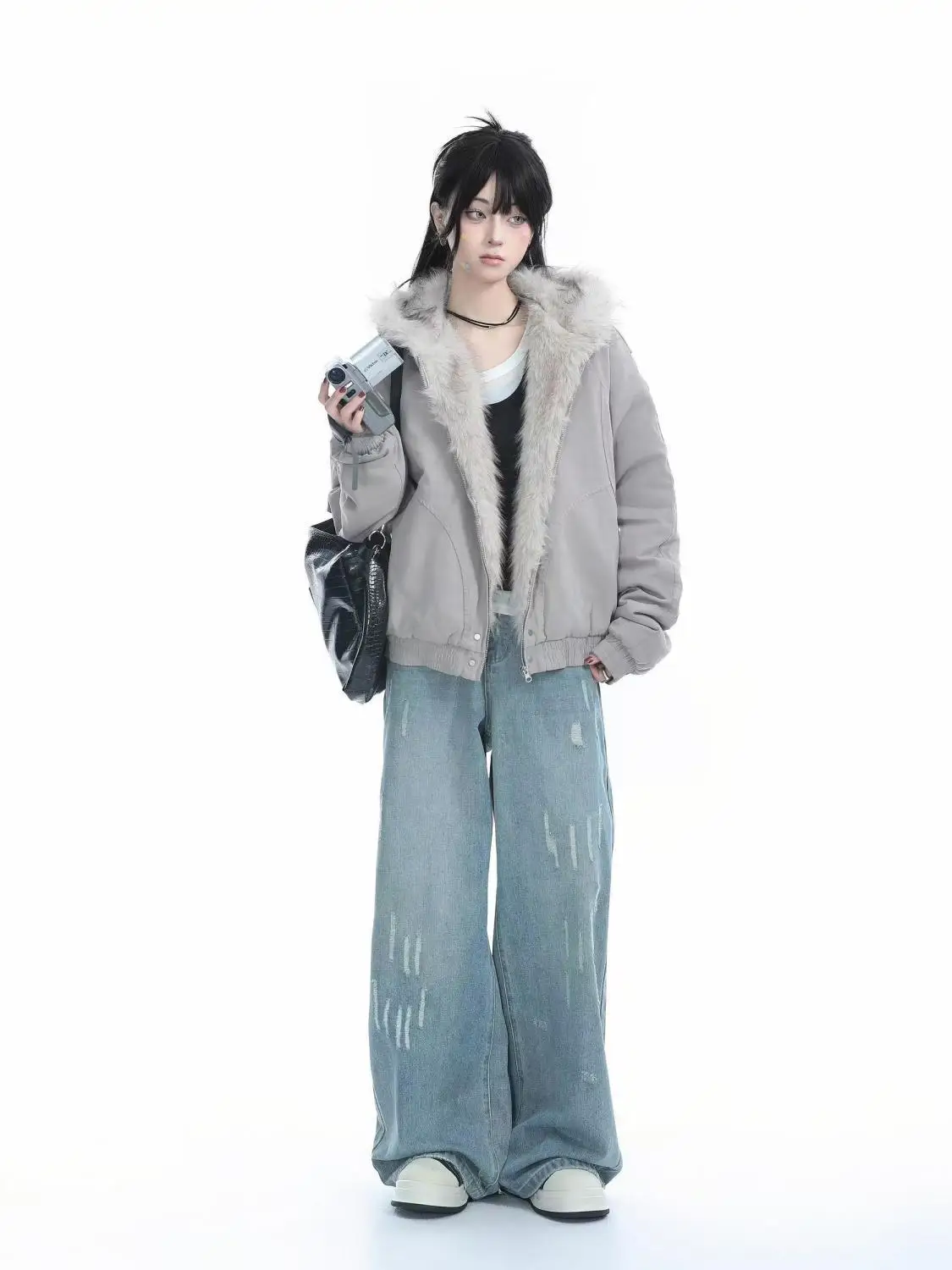 Y2k модная нишевая хлопковая куртка с меховым воротником и капюшоном - Фотография_5