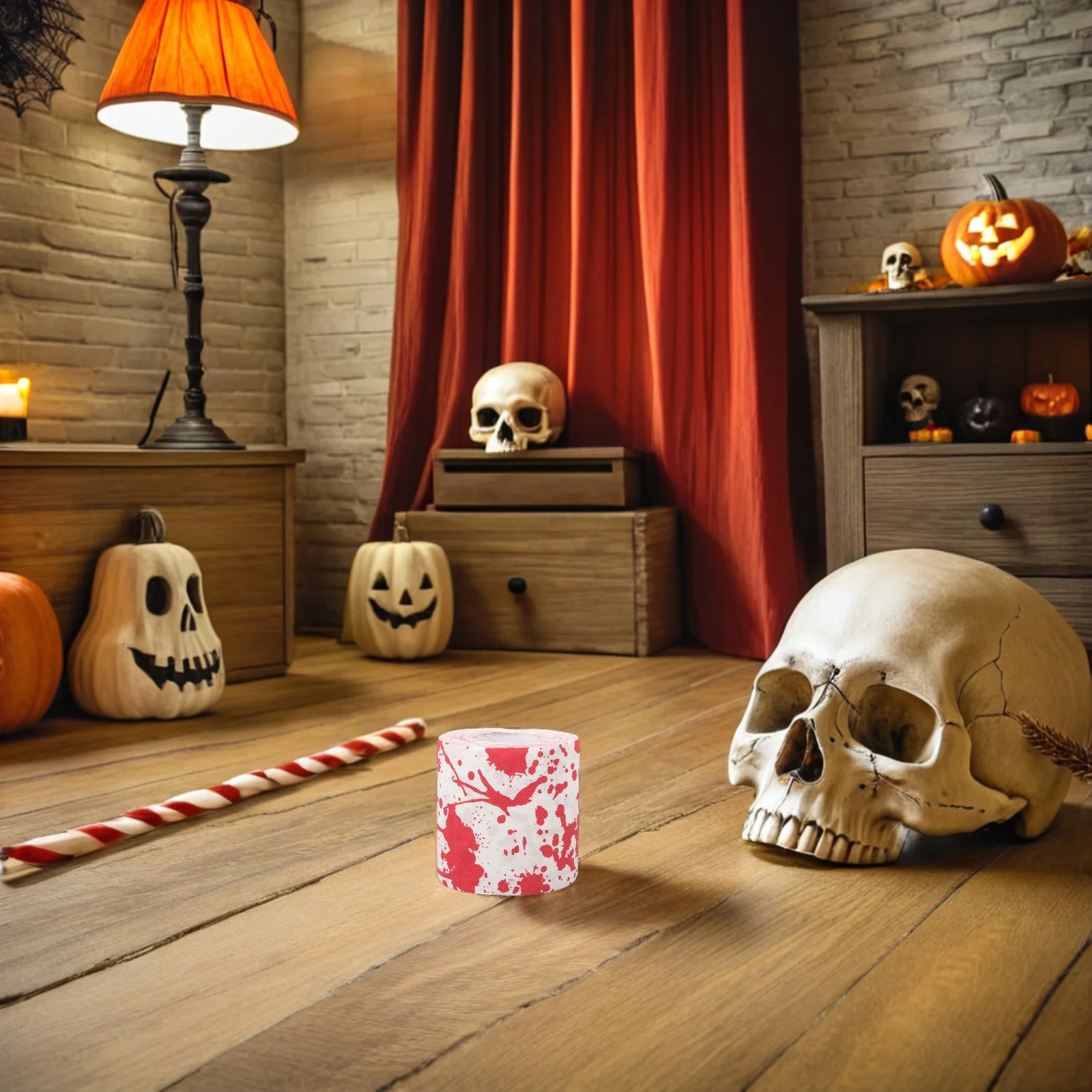 4 рулона туалетной бумаги с кровавым отпечатком руки на хэллоуин