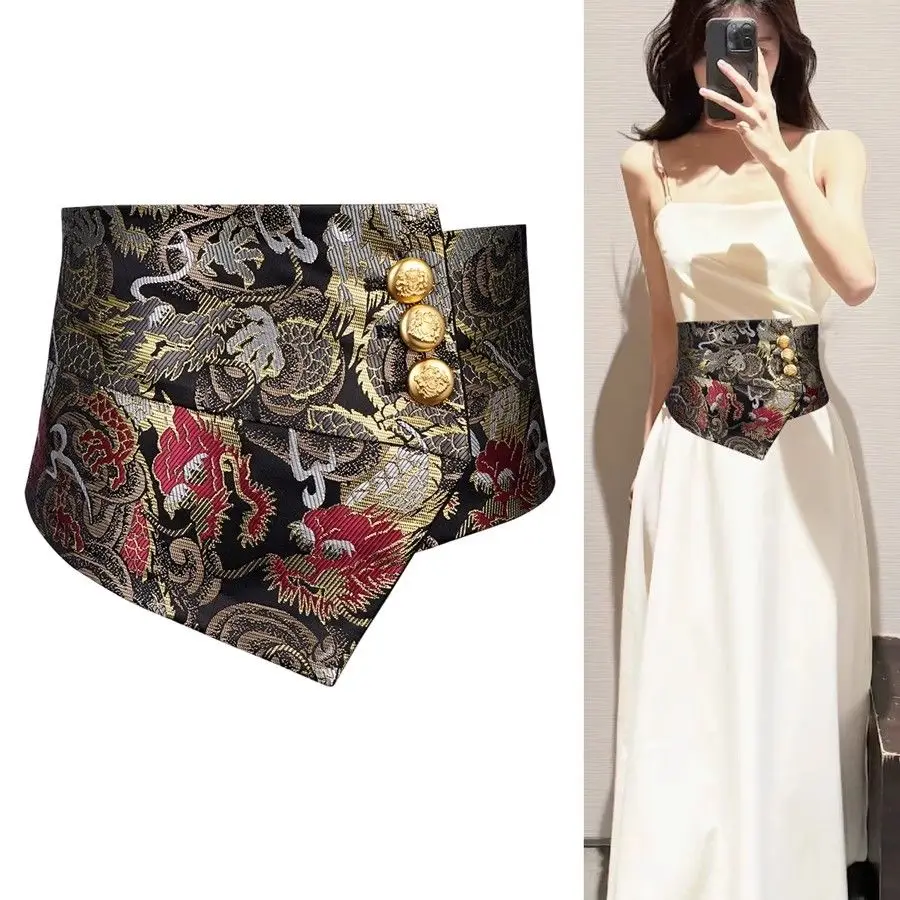 Черный парчовый пояс с драконом и фениксом - Фотография_2