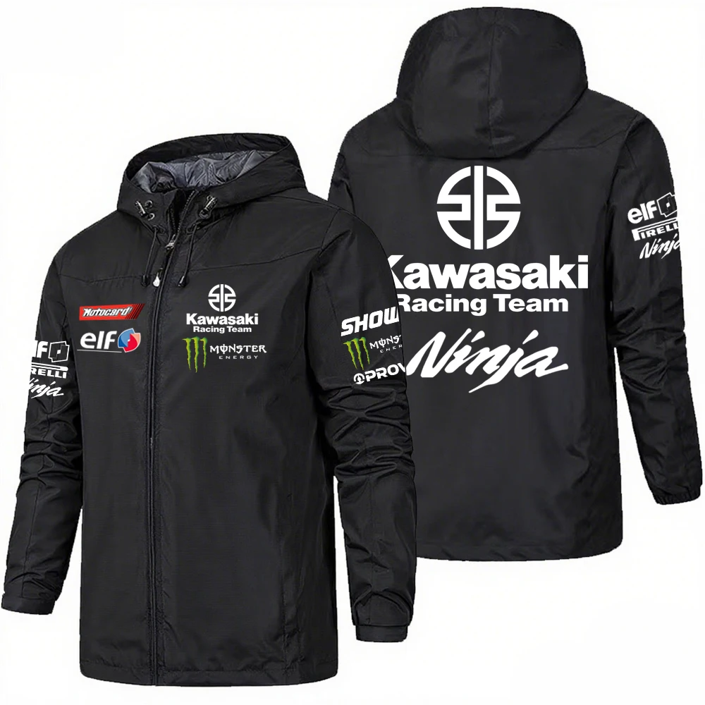 Мужская весенне-осенняя ветровка с капюшоном и логотипом kawasaki racing