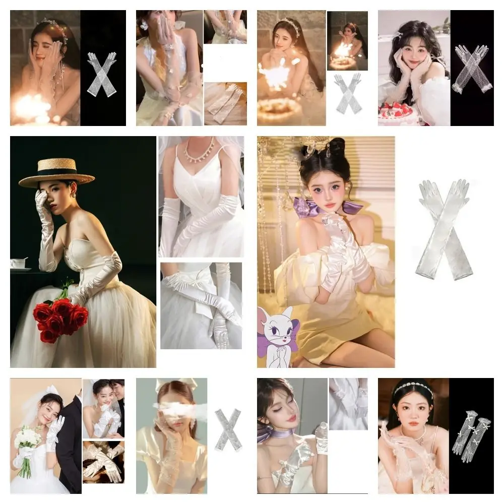Модные белые атласные длинные перчатки - Фотография_6