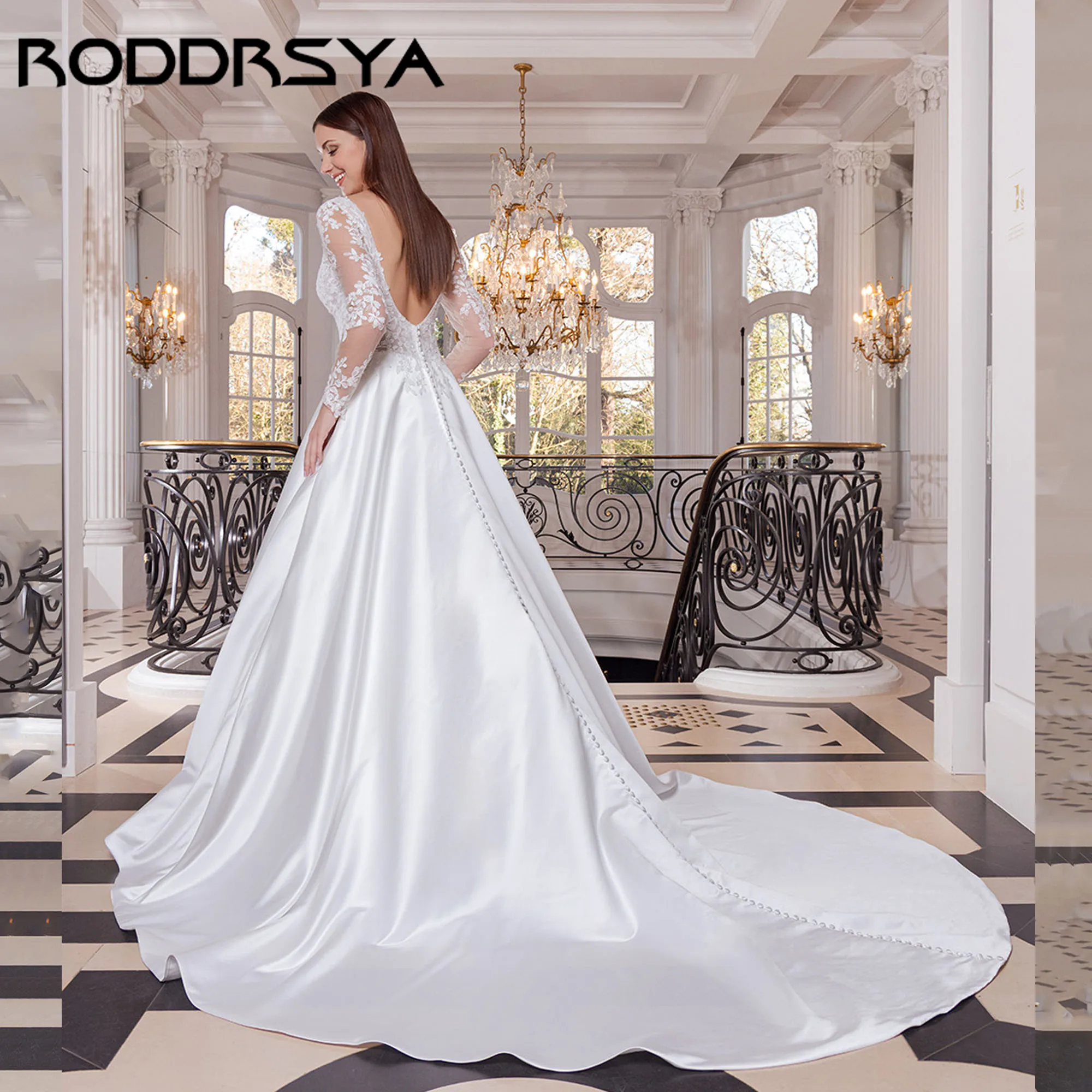 Roddrsya атласное свадебное платье с длинными рукавами и аппликацией - Фотография_2