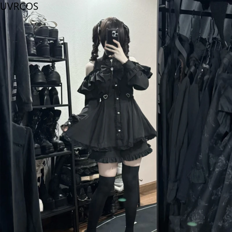 Японское готическое платье в стиле лолиты y2k с бантом и шортами - Фотография_6
