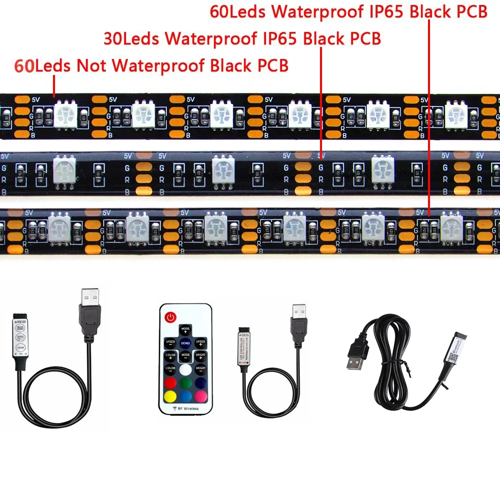 Usb светодиодная лента 5v rgb водонепроницаемый черный pcb 5050 0