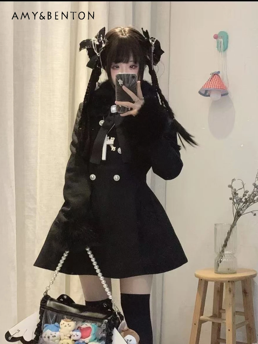 Черное шерстяное пальто в японском стиле с милым бантом для женщин - Фотография_3