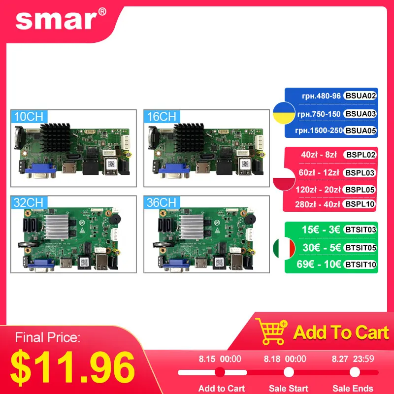 Smar cctv 9ch 10ch 16ch 32ch 4k nvr материнская плата h