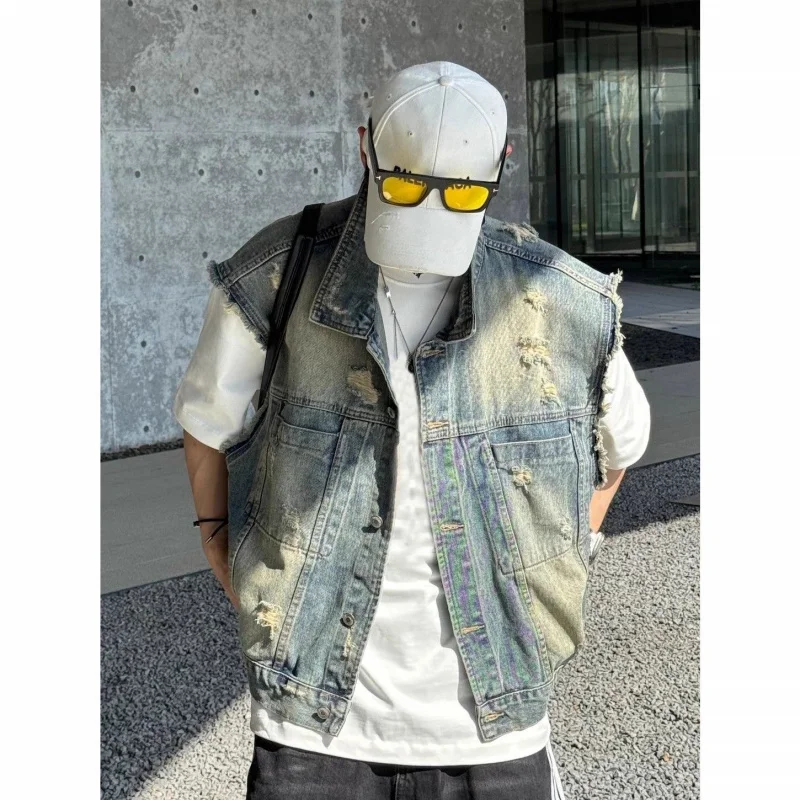 Винтажный потертый американский короткий жилет high street