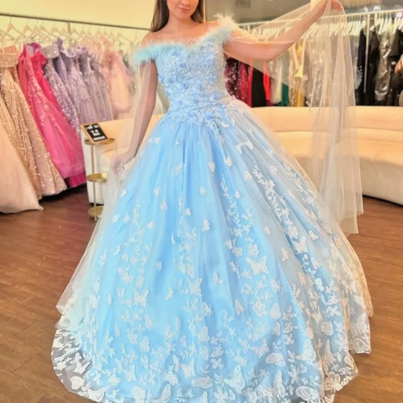 Небесно-голубое платье quinceanera с открытыми плечами - Фотография_2