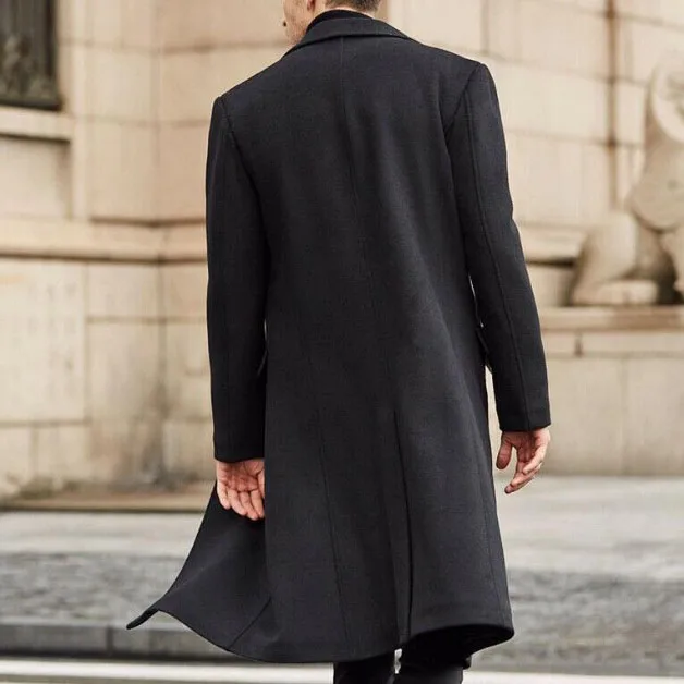 Мужской двубортный длинный плащ с лацканами - Фотография_6