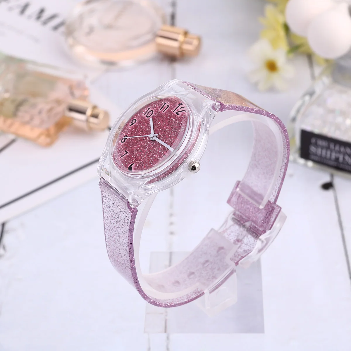 Детские прозрачные розовые блестящие часы с силиконовым ремешком - Фотография_5