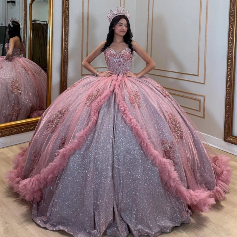 Розовое блестящее платье quinceanera - Фотография_3