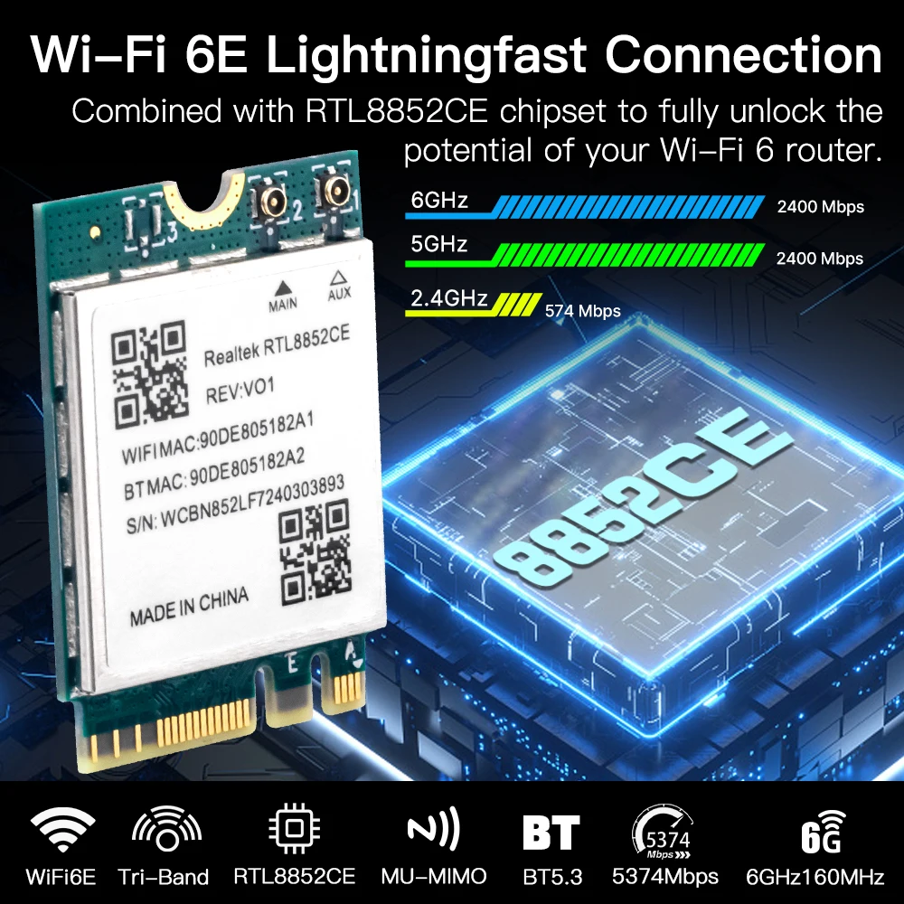 Сетевая карта wi-fi 6e rtl8852ce m.2 5400 мбит/с 802.11ax bluetooth 5.3 - Фотография_3