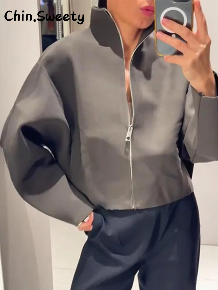 Повседневные женские вязаные укороченные куртки с воротником-стойкой - Фотография_2