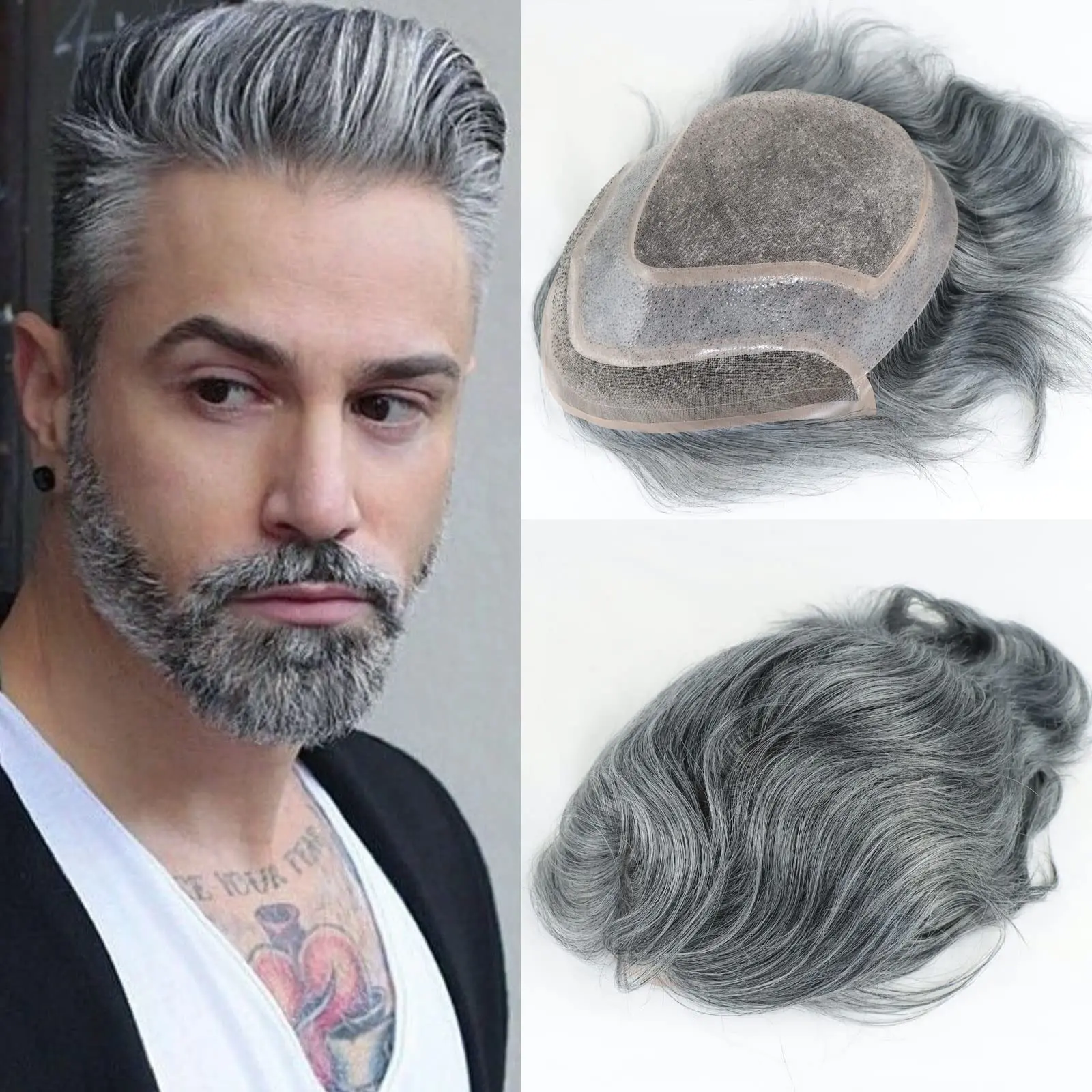 Grey hair wigs lace men toupee