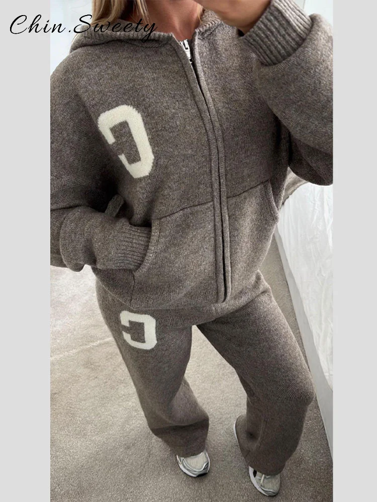 Повседневные женские вязаные спортивные костюмы с капюшоном