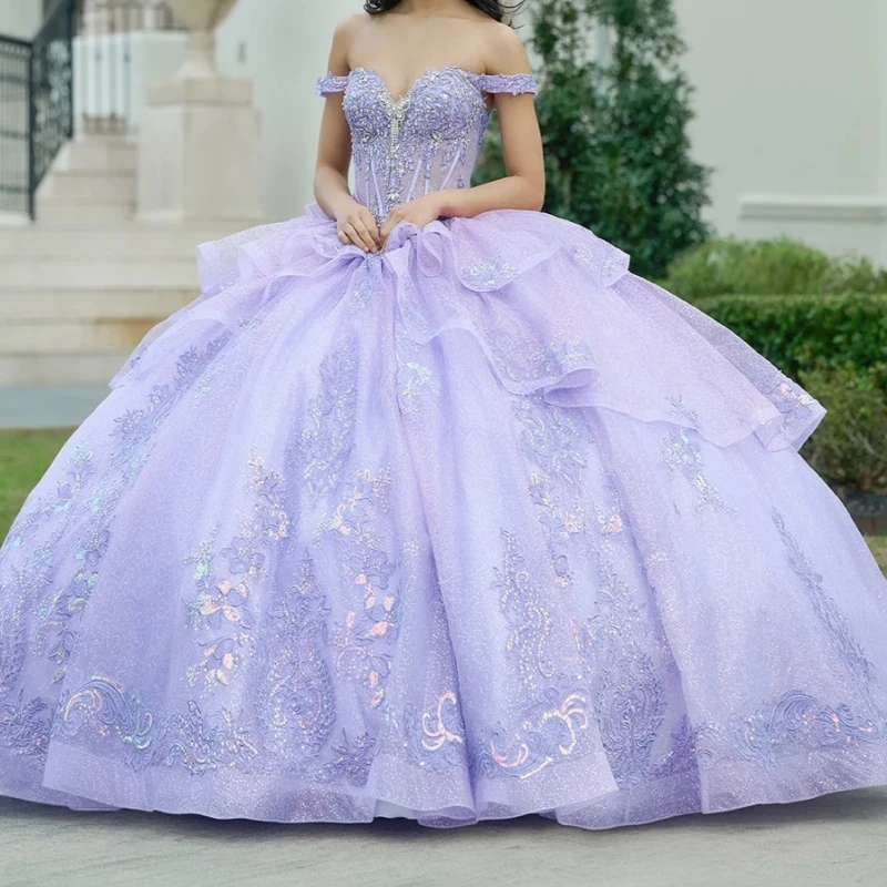 Лавандовое блестящее платье quinceanera