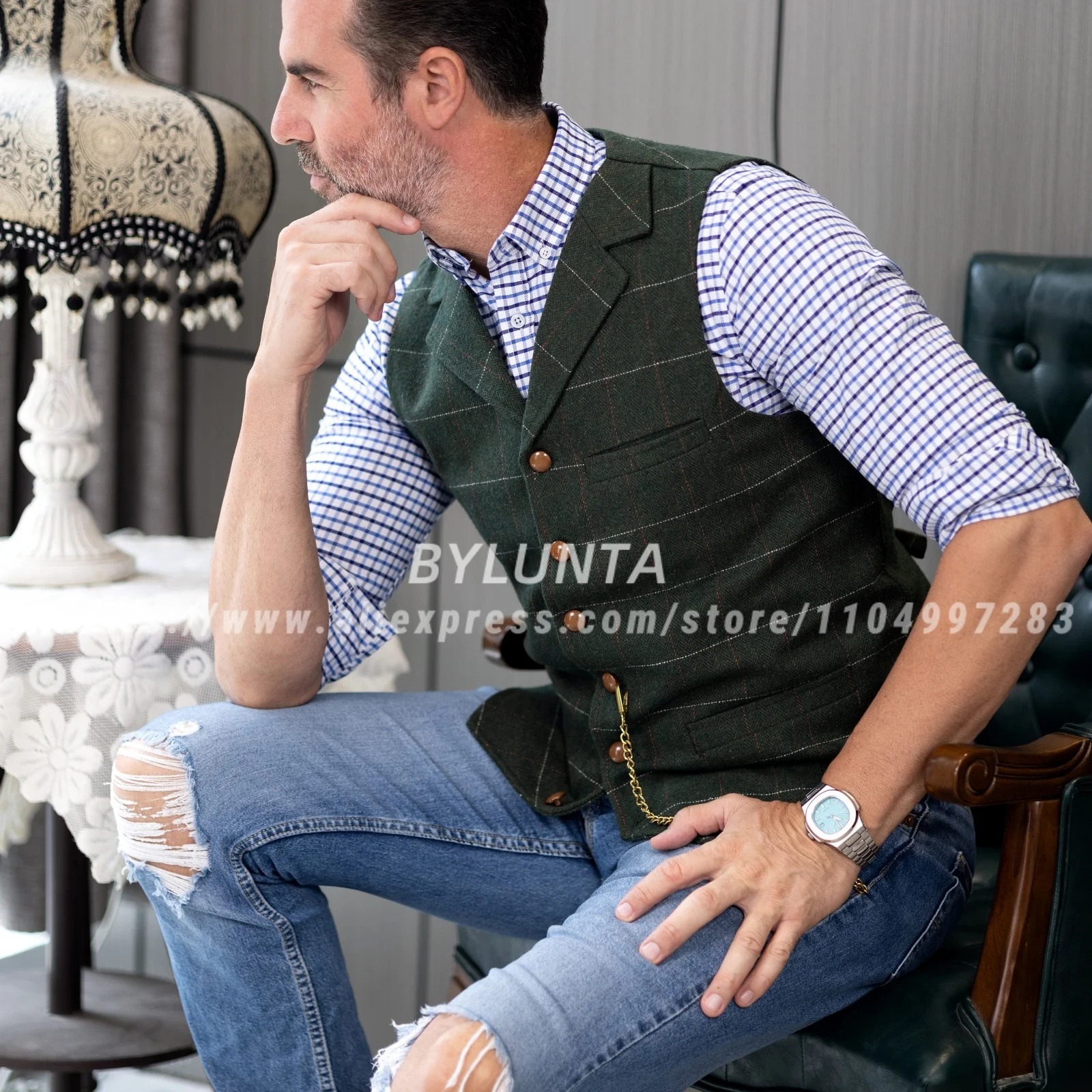 Новый повседневный мужской армейский зеленый жилет в клетку - Фотография_4