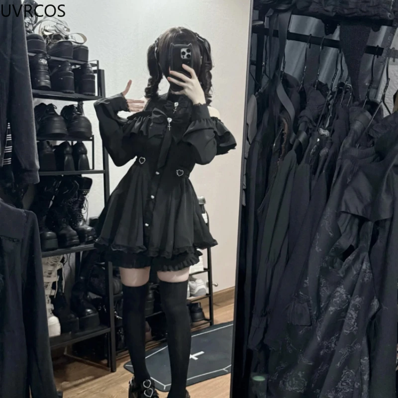 Японское готическое платье в стиле лолиты y2k с бантом и шортами - Фотография_5