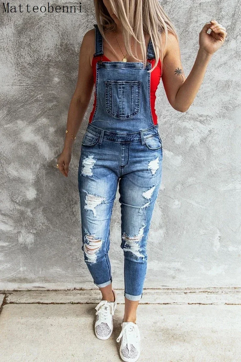 Женский сексуальный джинсовый комбинезон с рваными дырками - Фотография_3