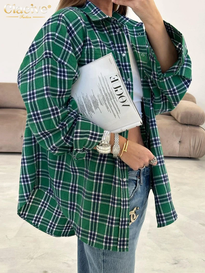 Повседневная свободная женская рубашка в клетку clacive 2023