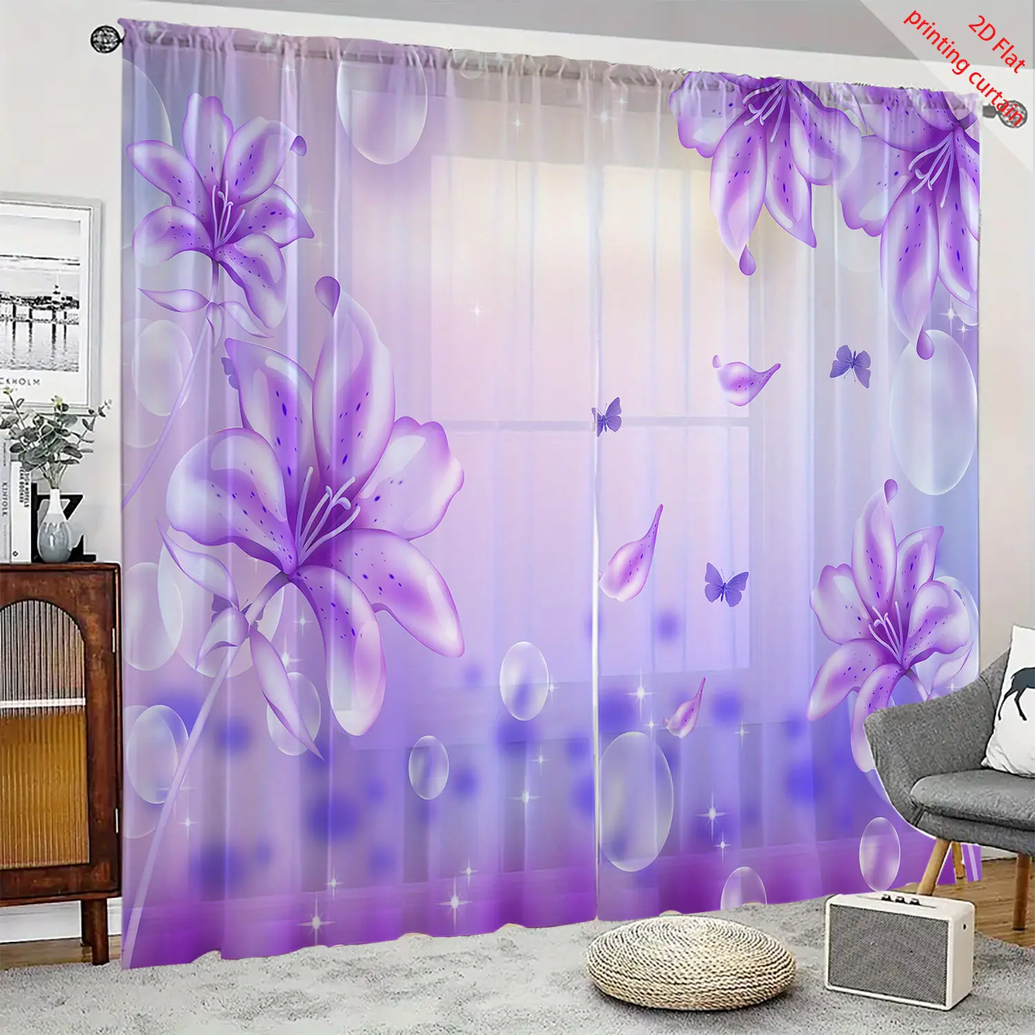 Прозрачная марлевая занавеска с фиолетовым цветочным принтом - Фотография_2