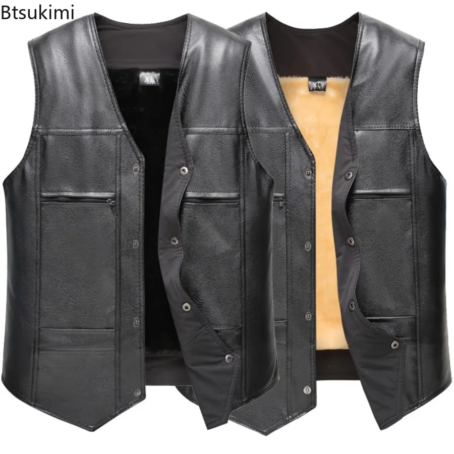 Осень-зима, новый мужской кожаный жилет с флисовой подкладкой