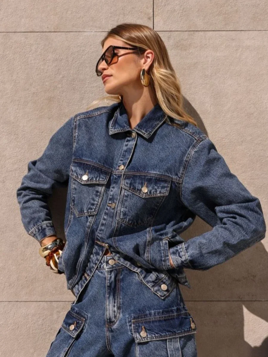 Новая женская темно-синяя джинсовая куртка в стиле ретро с лацканами - Фотография_2