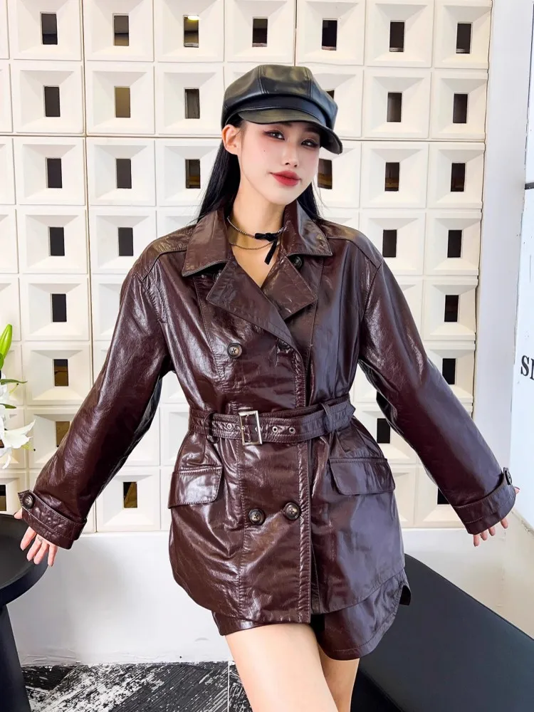 Винтажная осенняя женская двубортная куртка с поясом - Фотография_4