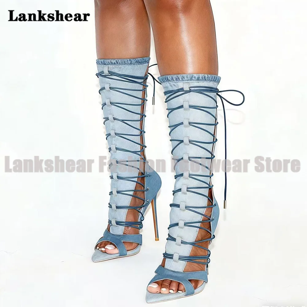 Джинсовые сандалии на высоком каблуке с перекрестным ремешком - Фотография_4