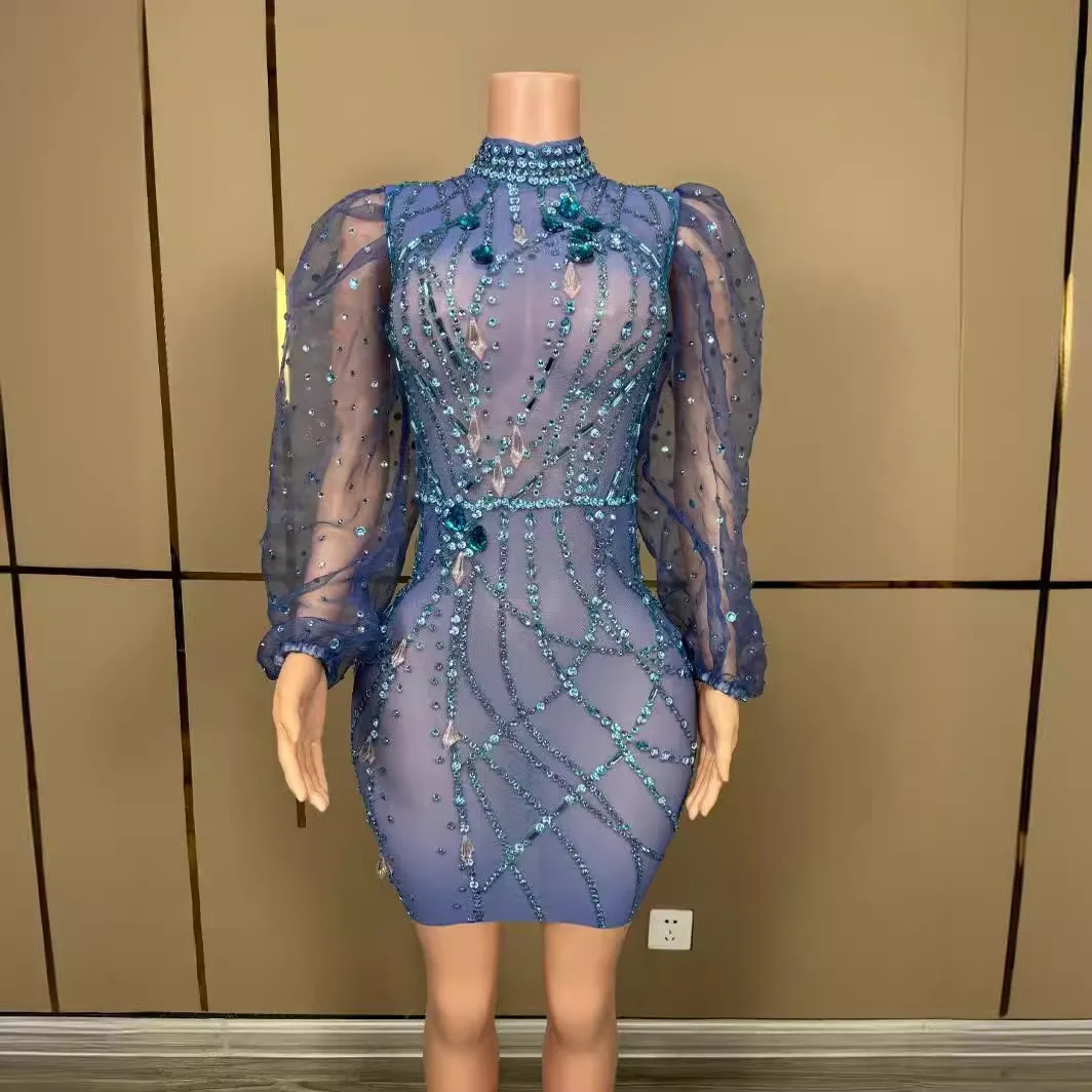 Платье performance blue rhinestone с объемными рукавами для ночного клуба - Фотография_2