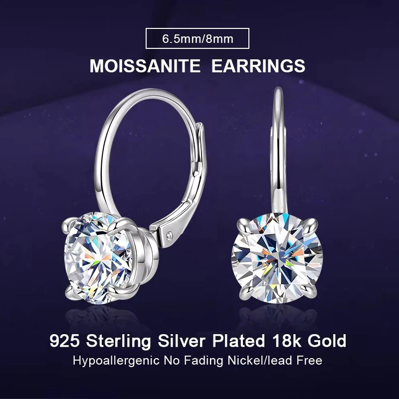 Мм 1ct 2ct круглые серьги-клипсы с муассанитом и бриллиантами